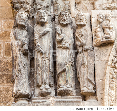 Relief sculpture depicting biblical scenes at an ancient church in Europe during the Middle Ages Relief sculpture depicting biblical scenes at an ancient church in Europe during the Middle Ages 127293168