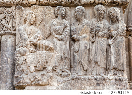 Relief sculpture depicting biblical scenes at an ancient church in Europe during the Middle Ages 127293169