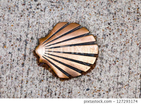 A bronze shell embedded in a textured stone pathway at a historic pilgrimage site 127293174