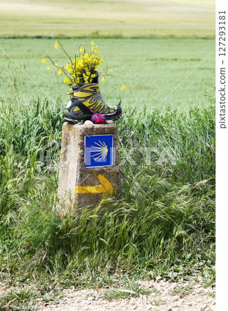 Signpost marking the Camino de Santiago pilgrimage route Signpost marking the Camino de Santiago pilgrimage route 127293181