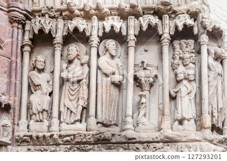Relief sculpture depicting biblical scenes at an ancient church in Europe during the Middle Ages 127293201