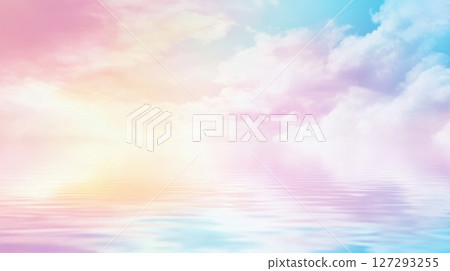 Pastel blue, pink, and purple sky over a calm sea with soft sunset light reflections, abstract dreamy background in minimalist style with smooth color transitions and gentle atmosphere 127293255