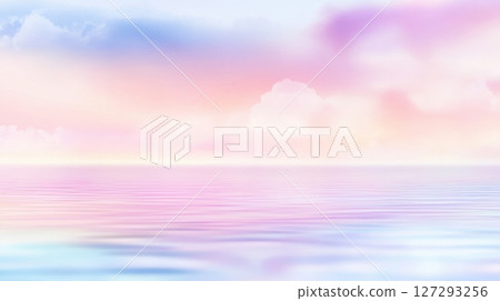 Soft pastel sunset with calm sea and blurred cloud reflections, offering a tranquil natural scene for versatile design use and text placement. Soft pastel sunset with calm sea and blurred cloud reflections, offering a tranquil natural scene for versatile design use and text placement. 127293256