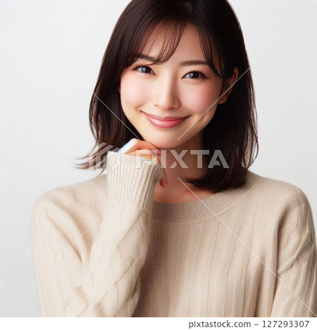 Cute Japanese woman in a beige sweater, smiling warmly with her hand on her chin, high-quality portrait against a white background. 127293307