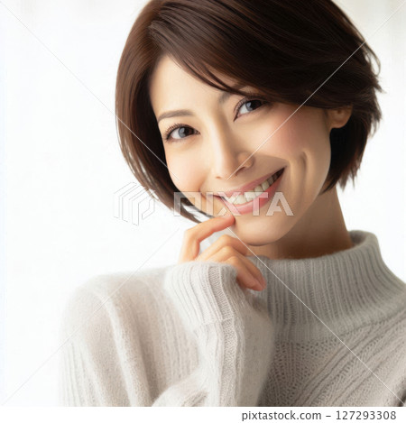 Cute Japanese woman in a beige sweater, smiling warmly with her hand on her chin, high-quality portrait against a white background. 127293308