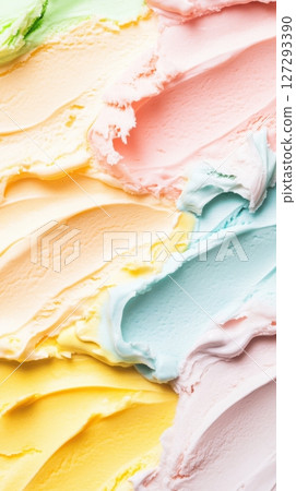 High-definition image of vibrant ice cream in cones against a colorful backdrop, showcasing vivid detail and appealing composition for advertising purposes. 127293390