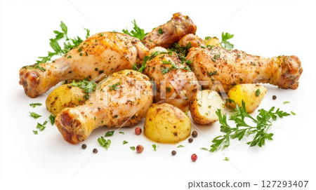 Close-up of marinated baked chicken legs with crispy skin and roasted potatoes, isolated on a white background, perfect for high-quality stock photography. 127293407