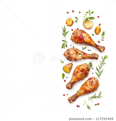 Close-up of marinated baked chicken legs with crispy skin and roasted potatoes, isolated on a white background, perfect for high-quality stock photography. 127293409