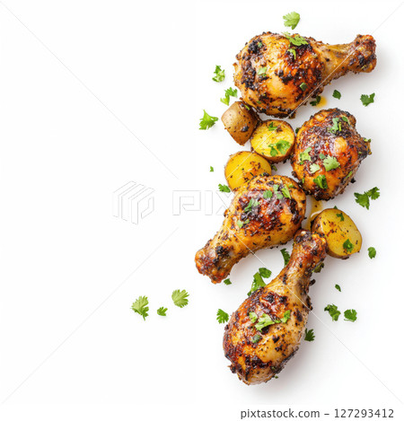 Crispy Peruvian chicken legs and golden roasted potatoes, isolated on white, featuring rich seasoning and natural textures for advertising and promotional use. 127293412