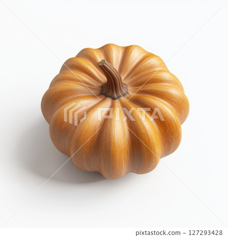 High-quality photo of a fresh whole pumpkin isolated on a white background with natural lighting and crisp focus, ideal for harvest or seasonal designs. 127293428