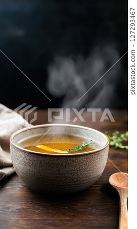 Aromatic duck bone broth in a handcrafted bowl, garnished with herbs and spices, evoking a rustic, farmhouse feel through natural textures and moody lighting. Aromatic duck bone broth in a handcrafted bowl, garnished with herbs and spices, evoking a rustic, farmhouse feel through natural textures and moody lighting. 127293467
