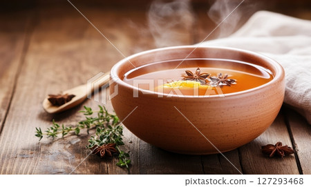 Rustic duck broth in a ceramic bowl with orange zest and star anise, styled with steam and warm light on a dark wooden table for a cozy, gourmet presentation. 127293468