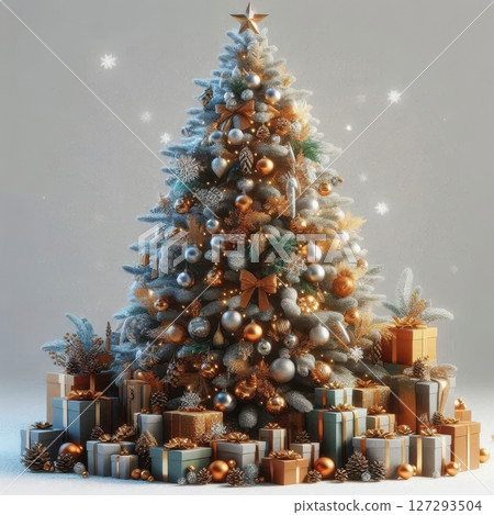 Full body view of a realistic Christmas tree with red and gold ornaments and presents, isolated on white with clipping path, ideal for holiday design. 127293504