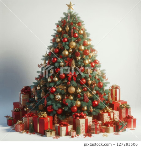 Full view of realistic Christmas tree with red and gold ornaments and presents, isolated on white background with clipping path, festive holiday concept 127293506