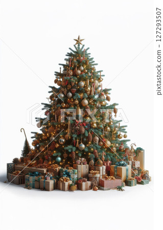 Full view of realistic Christmas tree with red and gold ornaments and presents, isolated on white background with clipping path, festive holiday concept 127293507