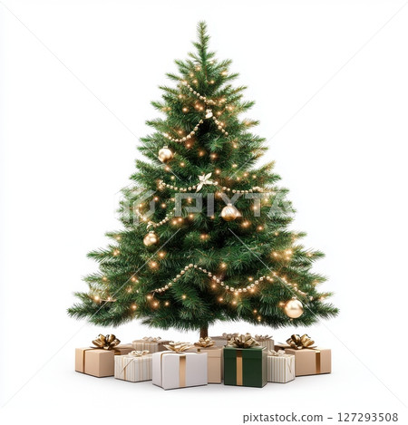 High-quality image of a Christmas tree and presents with exceptional detail and clean white background, perfect for commercial holiday visuals. 127293508
