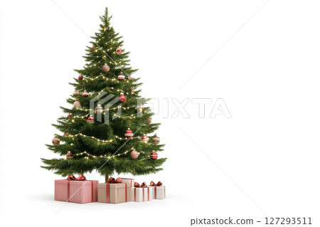 Realistic Christmas tree photo with gift boxes, styled on white for seasonal ads, catalogs, and winter-themed promotional material. 127293511