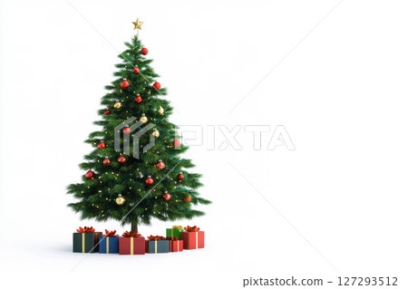 High-resolution image of a 3D-rendered Christmas tree with gifts, isolated on white for clean and modern seasonal content. 127293512