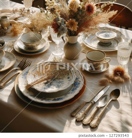 Nostalgic porcelain mixed with minimalist design for stylish dining mood. 127293543