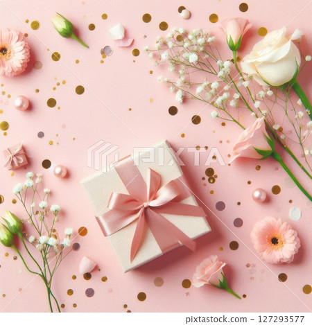 Top view of a gift box with confetti and flowers on a light pink background, web banner with copy space in the bottom right corner for text or design 127293577