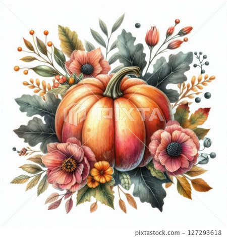 Autumn-themed watercolor design with realistic pumpkin, soft florals, and leaves, ideal for Thanksgiving, decor, or printables. 127293618