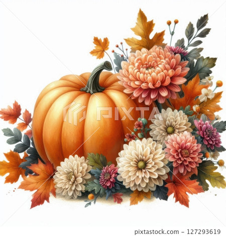 Cozy and elegant autumn clip art with watercolor florals and harvest pumpkin, high-resolution, for cards, posters, and seasonal design. 127293619