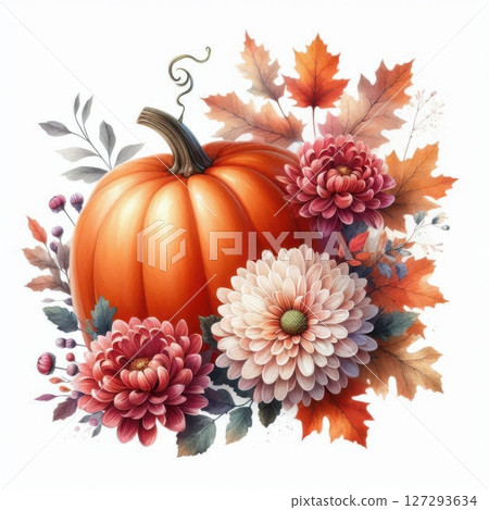 Detailed floral illustration of a pumpkin with chrysanthemums, isolated on a white background, ideal for autumn-themed creative projects. 127293634