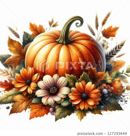 Autumn-themed botanical clip art featuring a watercolor pumpkin and floral elements on a white background, perfect for print or digital use. 127293649