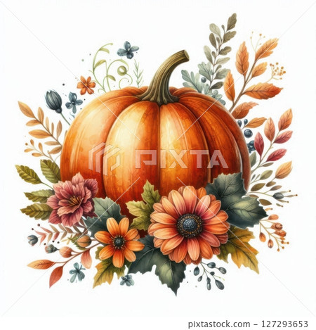 Vintage-style watercolor pumpkin with autumn leaves and flowers in warm orange tones, ideal for fall greeting cards and seasonal decoration design. 127293653