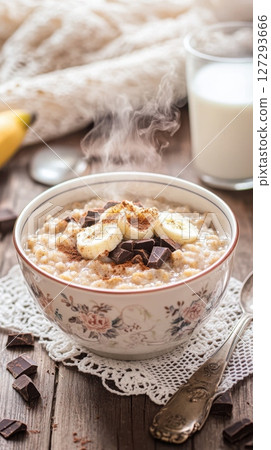 Cozy breakfast with banana chocolate oatmeal in a vintage bowl, surrounded by rustic textures, morning light and nostalgic winter styling elements. 127293666