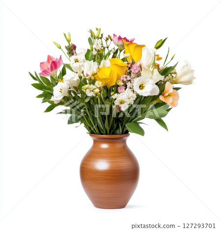 Vintage ceramic vase with a bouquet of flowers isolated on white, perfect for home decor, floral designs, or romantic retro-themed visuals. 127293701