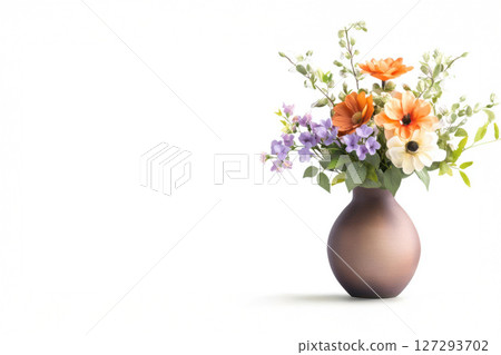 Vintage ceramic vase with bouquet of blooming flowers isolated on white background, rustic floral composition, retro home decor concept, soft lighting, full focus 127293702