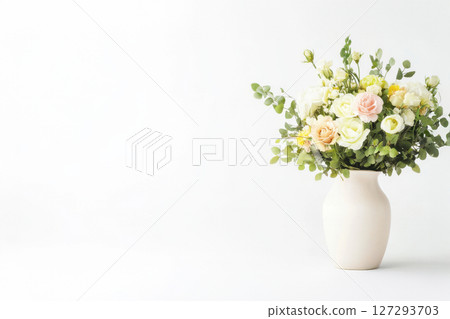 Vintage ceramic vase with bouquet of blooming flowers isolated on white background, rustic floral composition, retro home decor concept, soft lighting, full focus 127293703