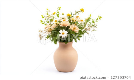 Vintage ceramic vase with bouquet of blooming flowers isolated on white background, rustic floral composition, retro home decor concept, soft lighting, full focus 127293704