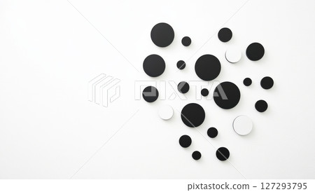 White background with black dots and circles, minimalist style, top view, white wall, texture, decoration, simple design, minimalist art style, flat lay composition, high-resolution photography, 127293795