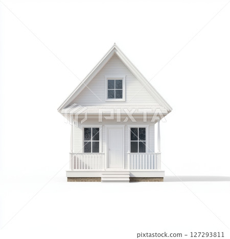 Minimalist house design with white walls and wooden elements, symmetrical layout and bright colors, isolated on white with natural lighting. 127293811