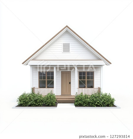 Front view of a small American house with wooden details and bushes, centered on white background with no shadows, high-resolution image for real estate or design use. 127293814