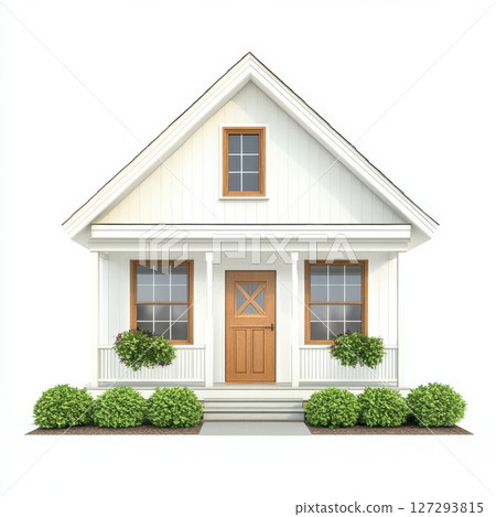 Front view of a small American house with wooden details and bushes, centered on white background with no shadows, high-resolution image for real estate or design use. 127293815