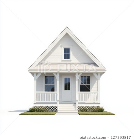 Front view of small American-style house with white walls, wooden windows and porch, centered and symmetrical, with green bushes on white background, high-resolution illustration 127293817