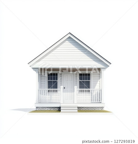 Front view of small American-style house with white walls, wooden windows and porch, centered and symmetrical, with green bushes on white background, high-resolution illustration 127293819
