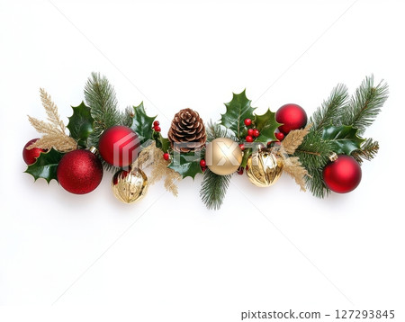 Christmas garland with red and gold baubles, pine cones and holly, isolated on white background, traditional holiday decorations for festive home decor and seasonal design 127293845