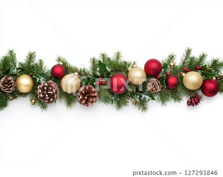 Christmas garland with red and gold baubles, pine cones and holly, isolated on white background, traditional holiday decorations for festive home decor and seasonal design 127293846
