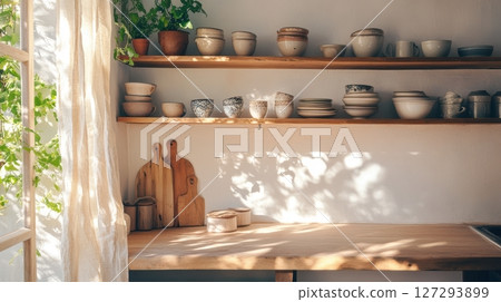 Sunlight pouring into rustic kitchen with open shelves, vintage ceramics, wooden countertop, linen curtains, warm earthy tones, cozy textures 127293899