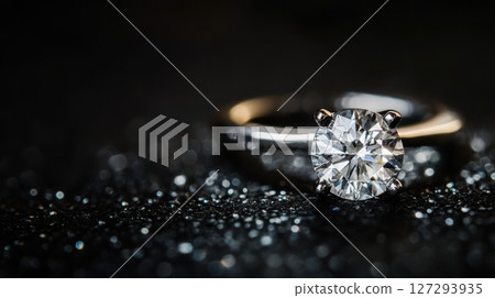 High-resolution image of antique diamond ring glowing under soft light, perfect for wedding, fashion, or jewelry advertising. 127293935