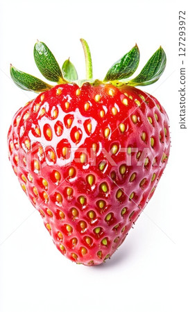 Macro photograph of a single fresh strawberry in vivid red tones, perfect for healthy food ads and packaging with crisp, detailed texture. 127293972