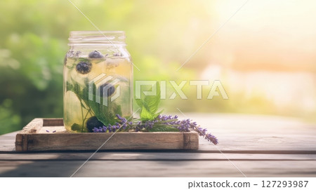 Glass jar with cold lavender and blueberry infusion on rustic wooden tray, lavender sprigs beside, gentle sunlight casting shadows, soft pastel tones, romantic detox drink scene 127293987