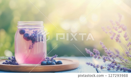 Glass jar with cold lavender and blueberry infusion on rustic wooden tray, lavender sprigs beside, gentle sunlight casting shadows, soft pastel tones, romantic detox drink scene 127293988