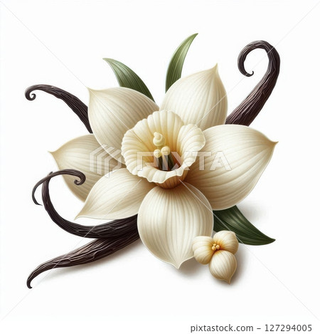 Isolated vanilla orchid flower with creamy yellow tones, used in recipes, perfumes, and spa visuals. 127294005