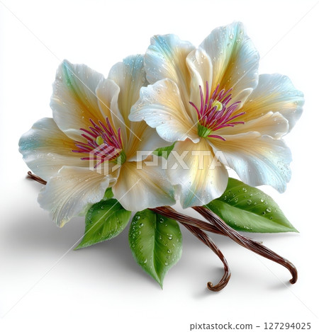 Vanilla flower with delicate pale yellow petals and central orchid structure, isolated on white background, botanical illustration for food, cosmetics, or natural wellness concept 127294025