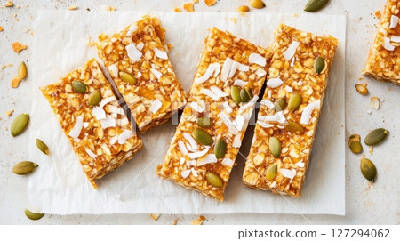 Top view of rustic snack bars with honey, coconut, and pumpkin seeds on parchment, styled for a natural food concept. 127294062